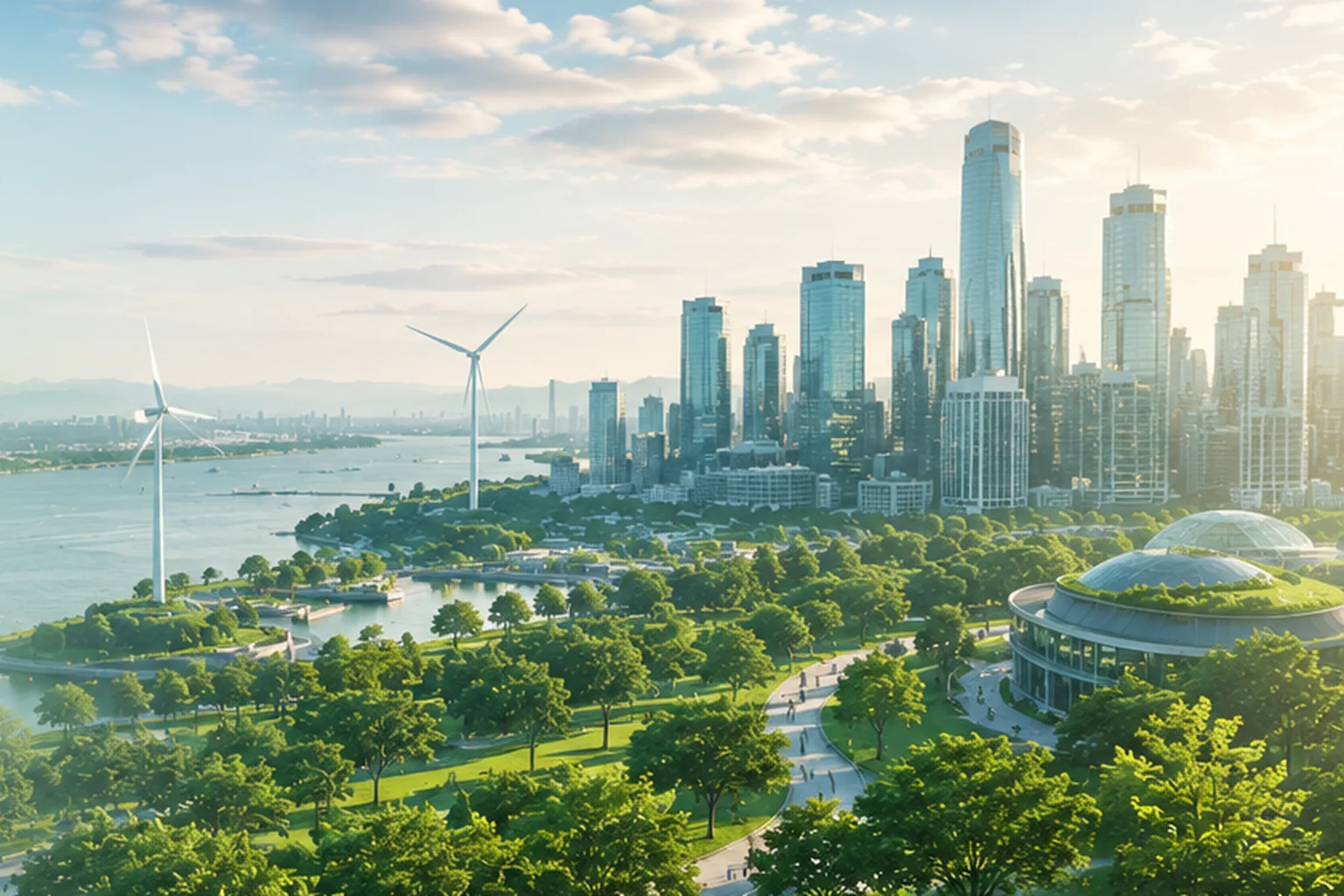 Sustainable city skyline with green infrastructure, wind power and solar panels